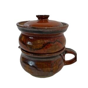 Studio Pottery, Vintage MCM Bohemian Stoneware Sugar & Creamer Set – Stackable